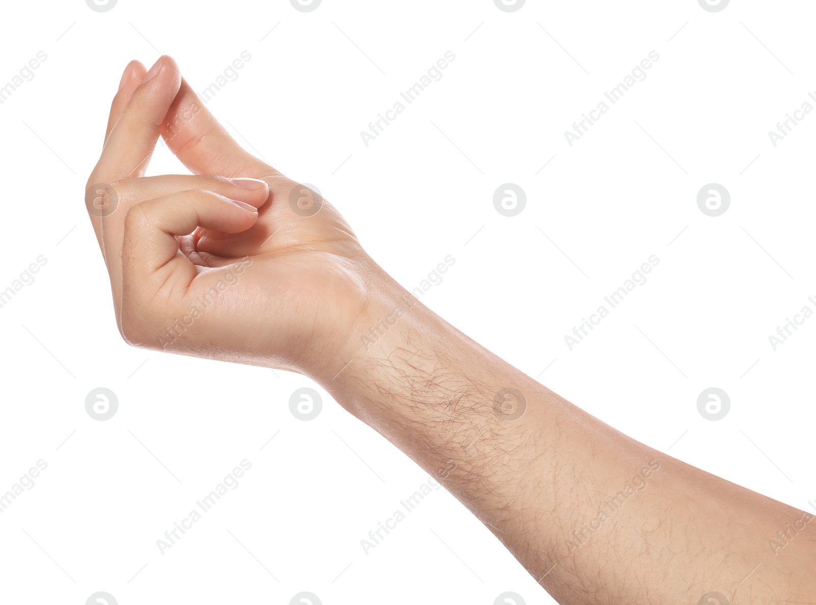 Photo of Man holding something on white background, closeup