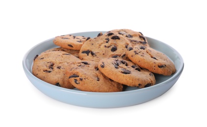 Plate with tasty chocolate chip cookies on white background