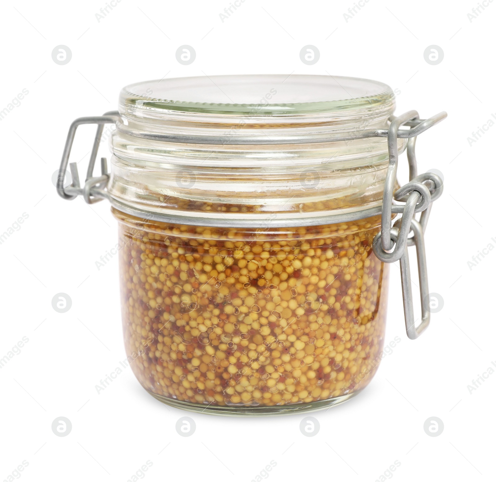 Photo of Jar of whole grain mustard on white background