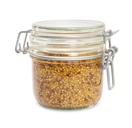 Jar of whole grain mustard on white background