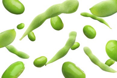 Fresh edamame soybeans and pods falling on white background