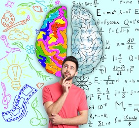 Image of Logic and creativity. Man and illustration of brain hemispheres. Different formulas and bright drawings on light blue background
