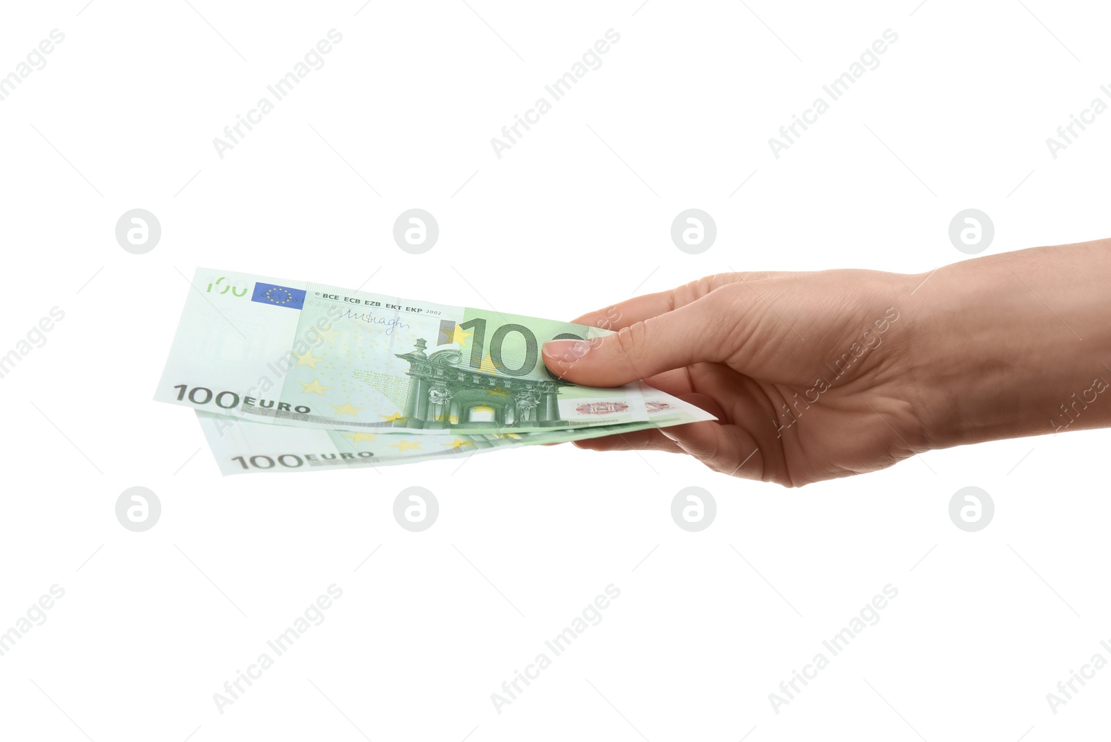 Photo of Woman with money on white background, closeup