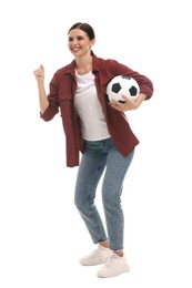 Emotional sports fan with soccer ball on white background