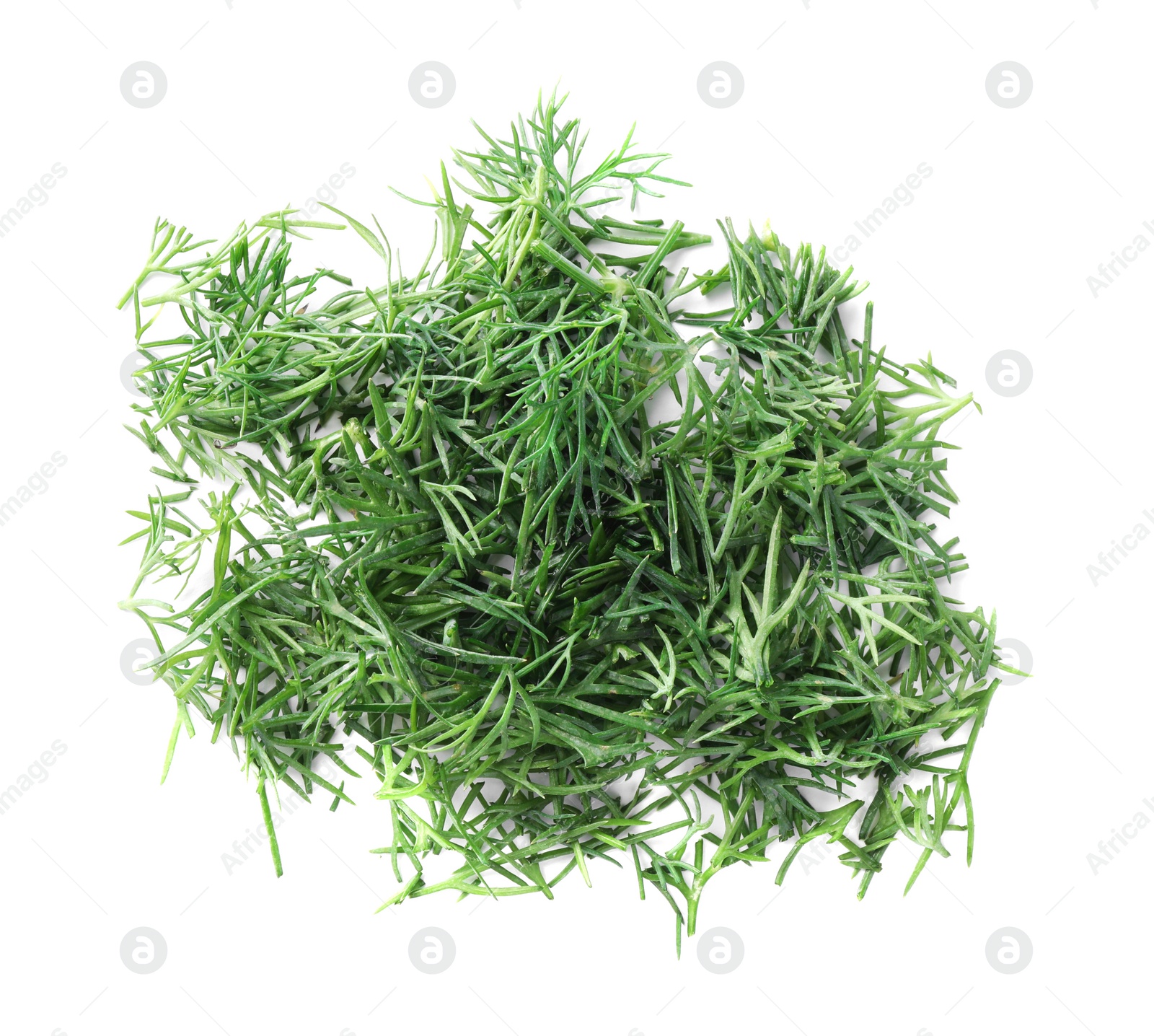 Photo of Pile of fresh dill isolated on white, top view