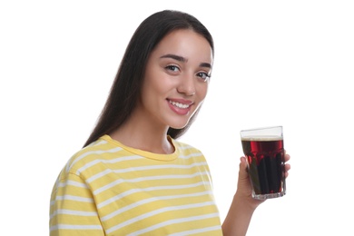 Beautiful woman with cold kvass on white background. Traditional Russian summer drink