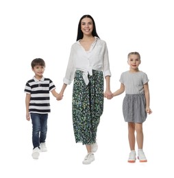 Photo of Little children with their mother together on white background