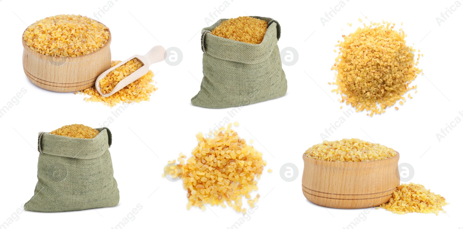 Image of Collage with uncooked bulgur on white background