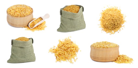 Image of Collage with uncooked bulgur on white background