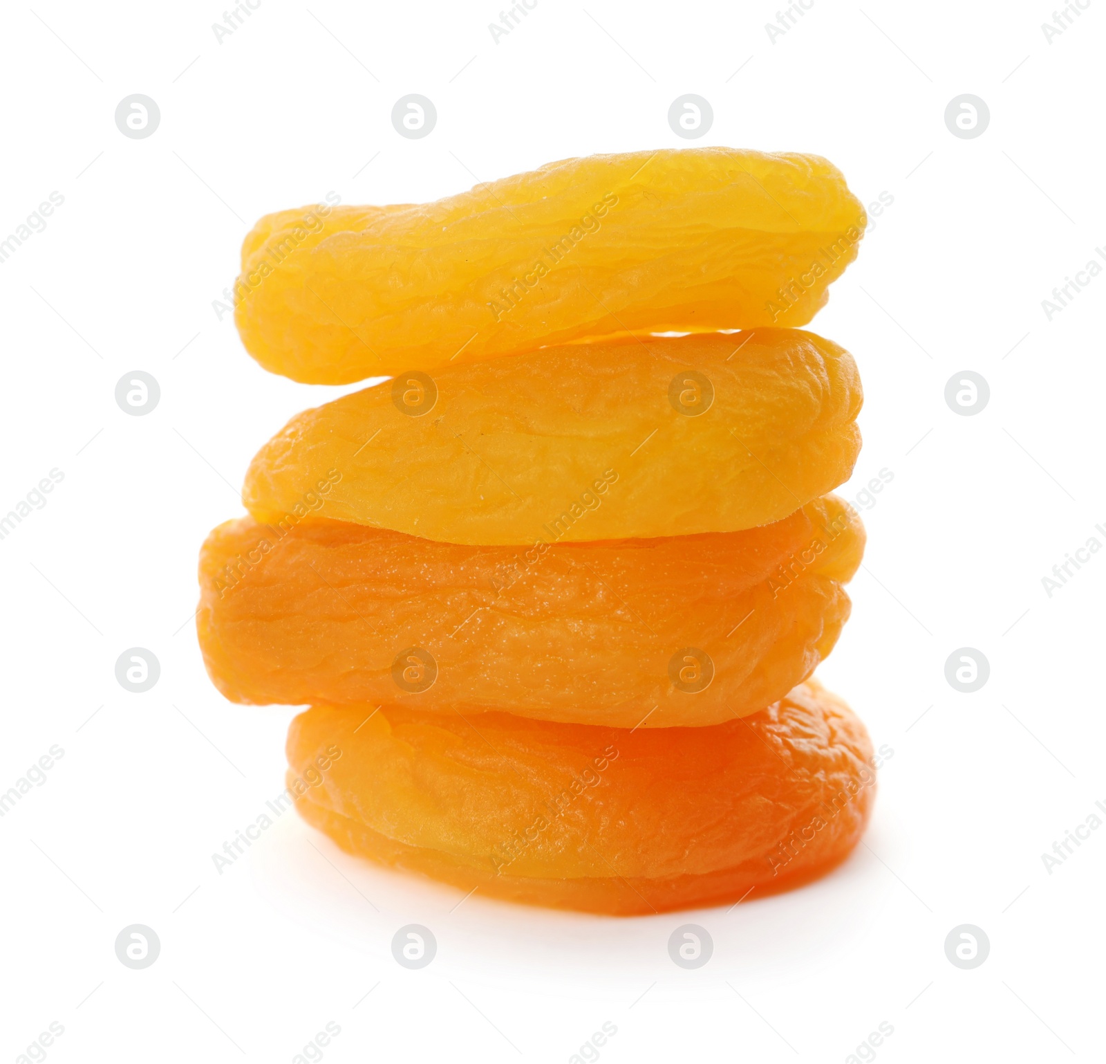 Photo of Stack of tasty apricots on white background. Dried fruits