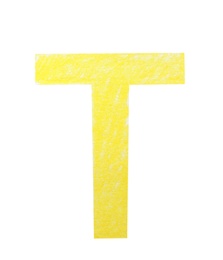 Letter T written with yellow pencil on white background, top view