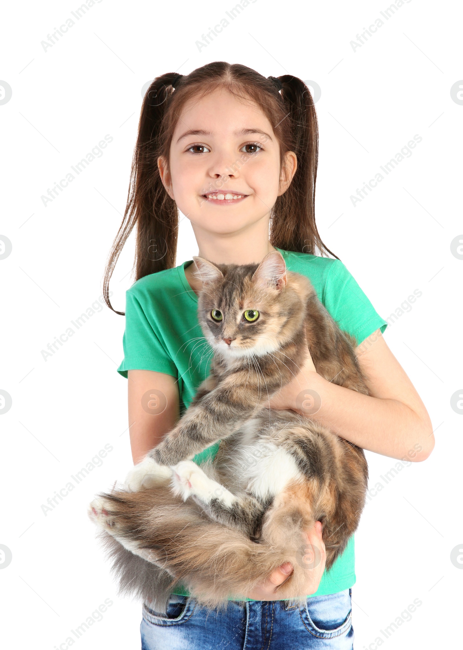 Photo of Cute little girl with cat on white background