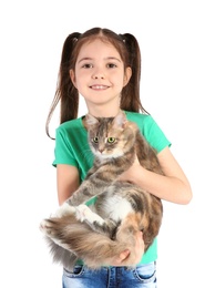 Cute little girl with cat on white background