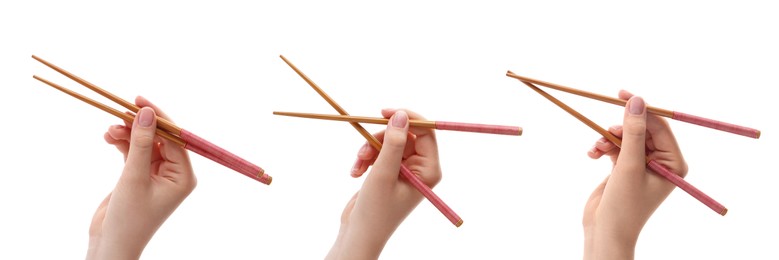 Image of Woman holding chopsticks isolated on white, closeup. Collage with photos