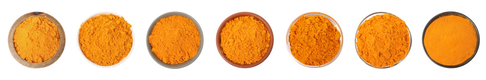 Image of Set with saffron powder on white background, top view. Banner design