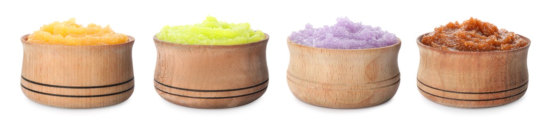 Image of Set with different body scrubs in wooden bowls on white background. Banner design