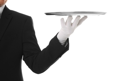 Photo of Waiter holding metal tray on white background, closeup