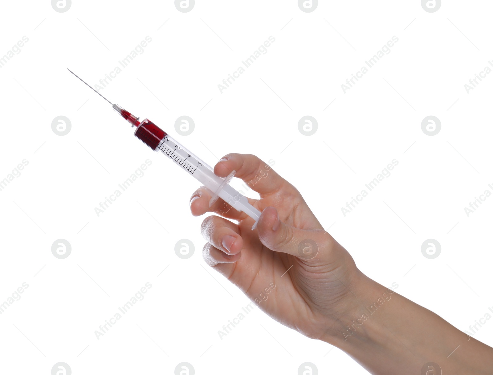 Photo of Woman holding syringe with blood on white background, closeup