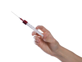 Woman holding syringe with blood on white background, closeup