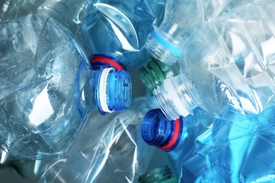 Photo of Many plastic bottles as background, closeup. Recycle concept