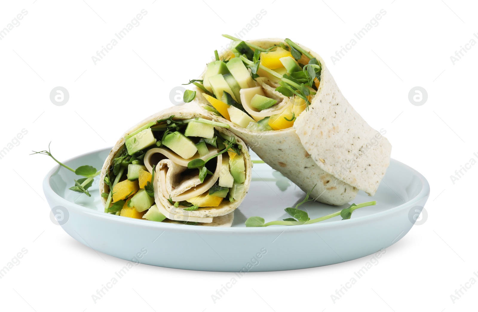 Photo of Delicious sandwich wraps with fresh vegetables isolated on white