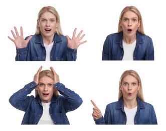 Surprised woman on white background, collage of photos