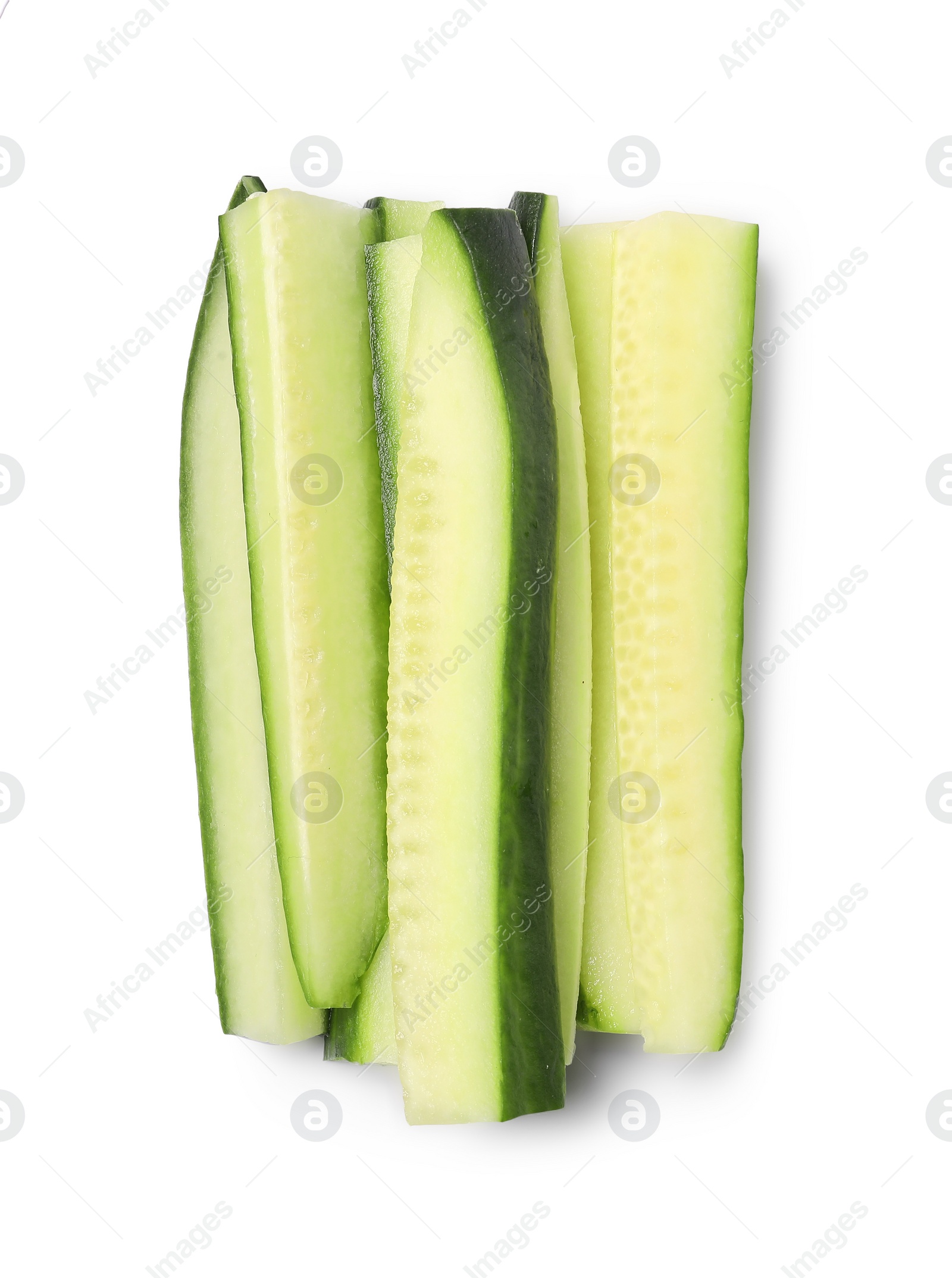 Photo of Pieces of fresh cucumber isolated on white, top view