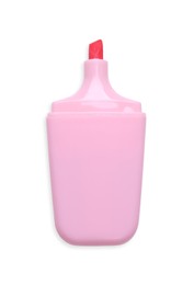 Photo of One pink marker on white background, top view