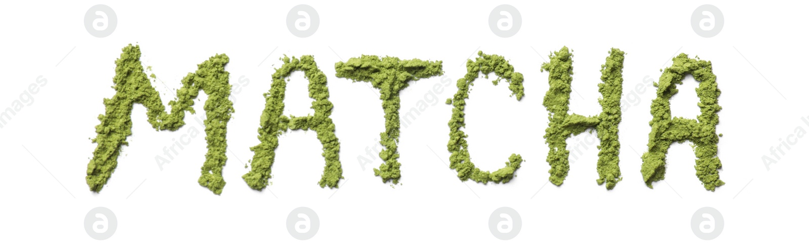 Photo of Word Matcha made of green powder isolated on white, top view