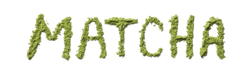 Photo of Word Matcha made of green powder isolated on white, top view