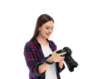 Professional photographer with modern camera on white background