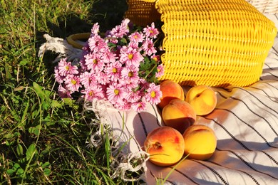 Yellow wicker bag with beautiful flowers and peaches on picnic blanket outdoors