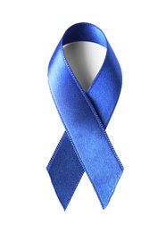 Photo of Blue ribbon on white background, top view. Colon cancer awareness concept