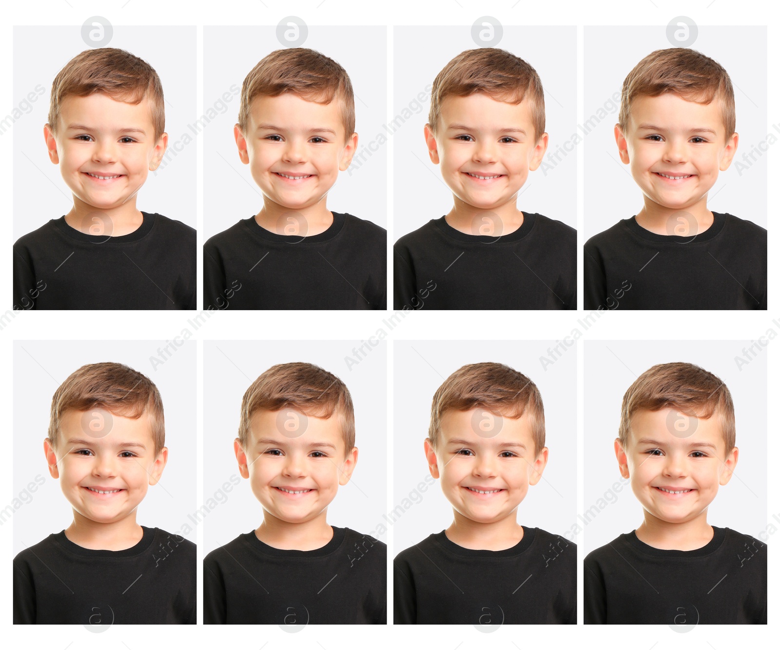 Image of Passport photo, collage. Boy on white background, set of photos