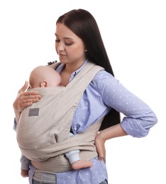 Photo of Mother holding her child in baby carrier on white background