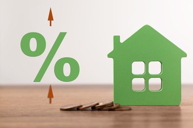 Mortgage rate. Model of house, coins, arrows and percent sign