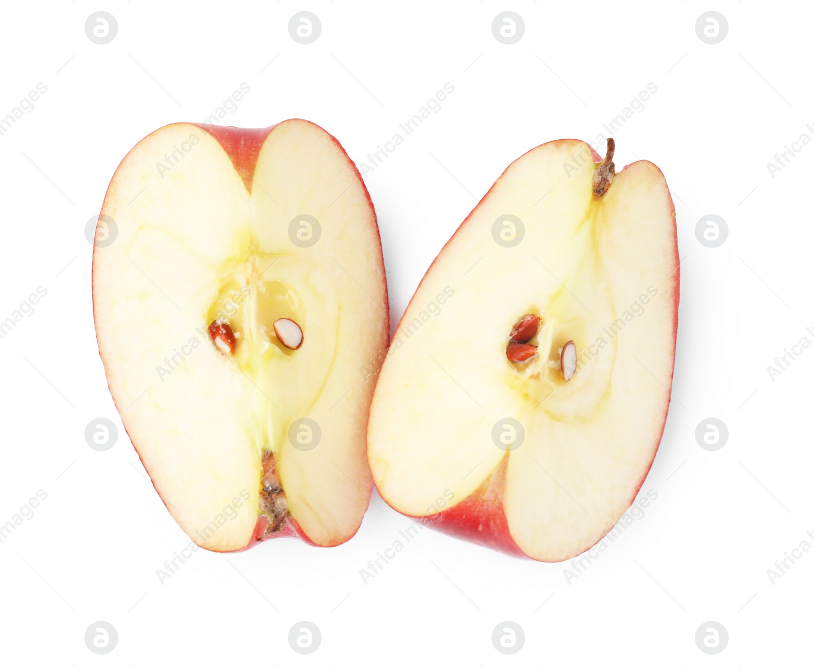 Photo of Pieces of ripe red apple isolated on white, top view