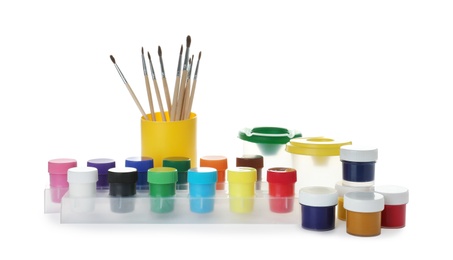 Photo of Set of painting tools for children on white background