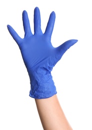 Woman in blue latex gloves showing five fingers on white background, closeup of hand