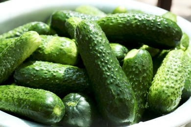 Photo of Many fresh ripe cucumbers in bowl, closeup