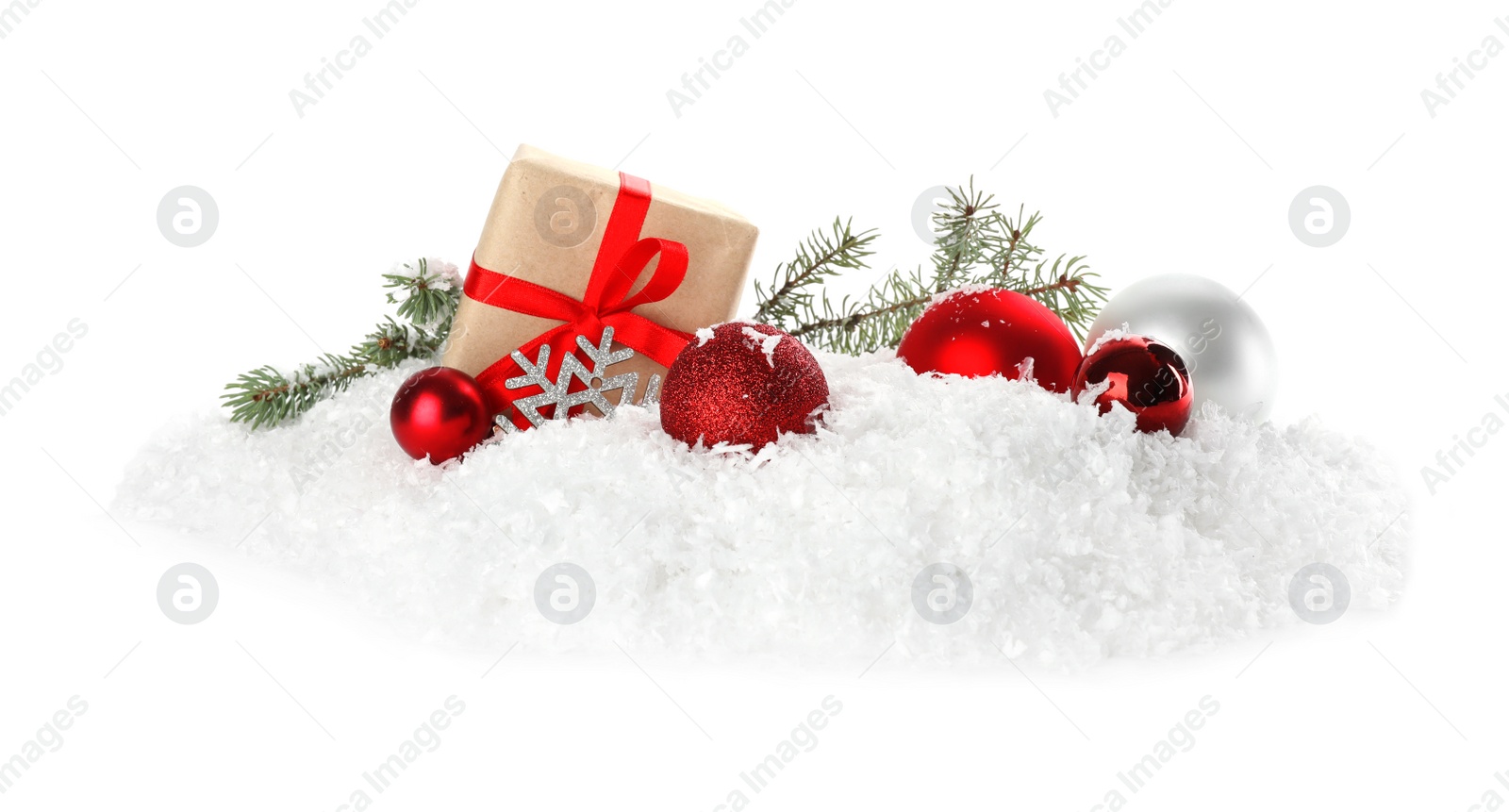 Photo of Christmas decoration with snow on white background