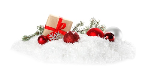 Christmas decoration with snow on white background