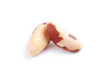 Photo of Delicious Brazil nuts on white background. Healthy snack