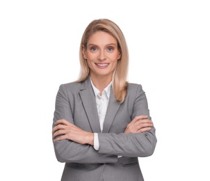 Portrait of smiling woman with crossed arms on white background. Lawyer, businesswoman, accountant or manager