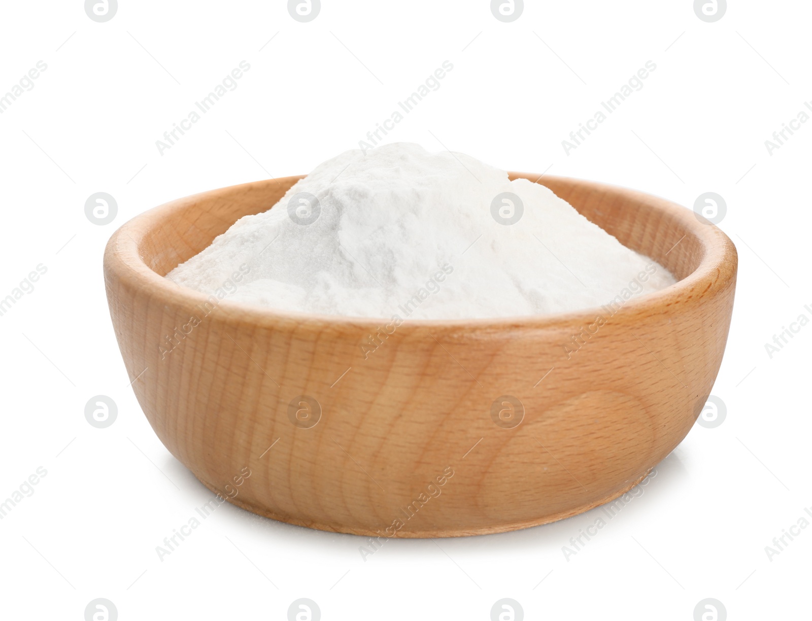 Photo of Wooden bowl with baking soda on white background