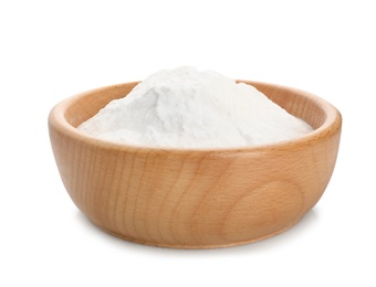 Photo of Wooden bowl with baking soda on white background