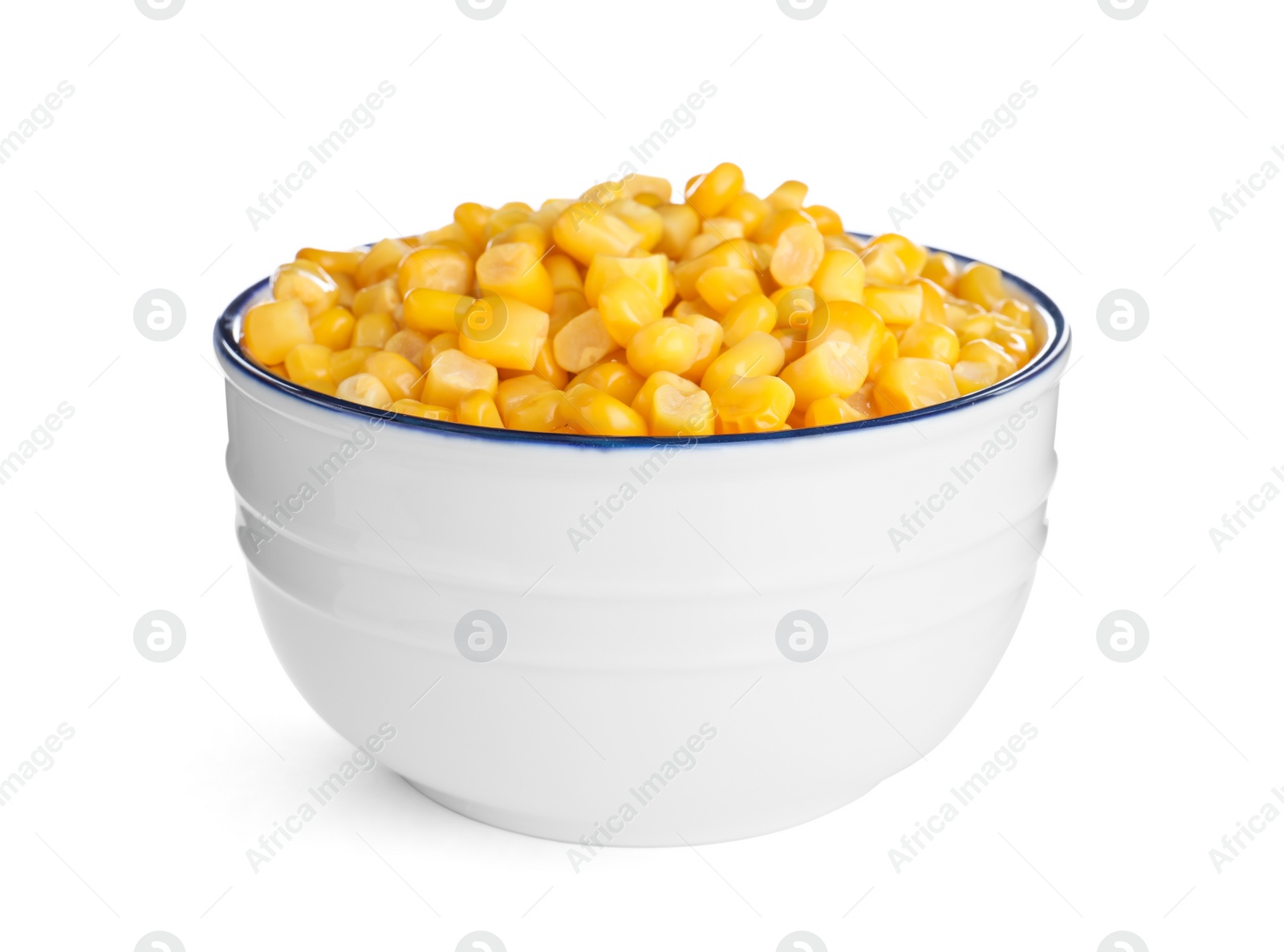 Photo of Delicious canned corn in bowl isolated on white