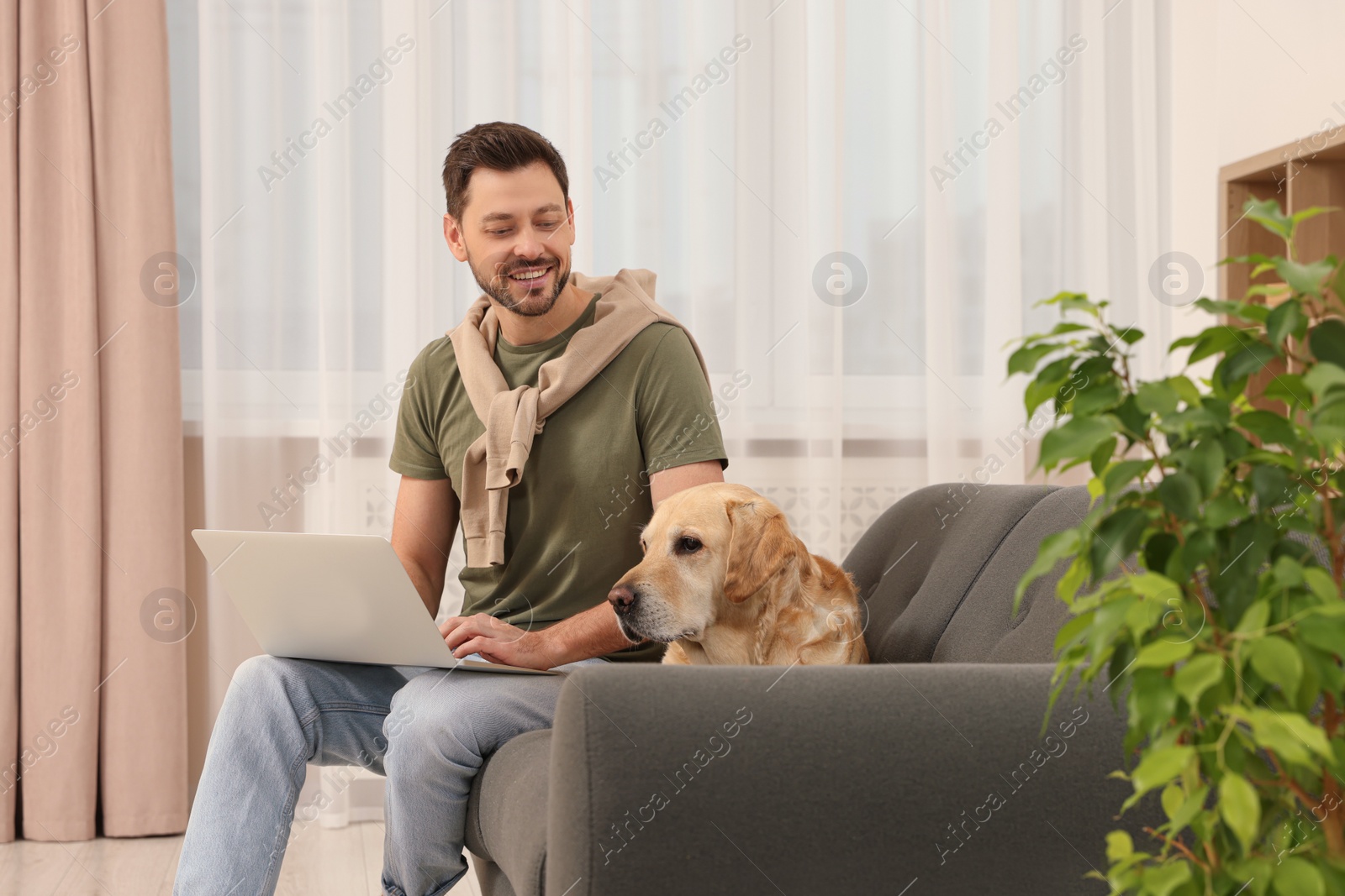 Photo of Man using laptop on sofa near his cute Labrador Retriever at home