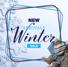 New arrivals. Flyer design with decorative snowflakes, warm child clothes, shoes and text Winter Sale on white background, flat lay
