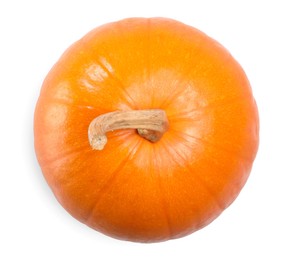 One fresh orange pumpkin isolated on white, top view